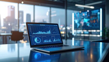 Modern workspace with a laptop displaying data analytics, city skyline in the background at dusk