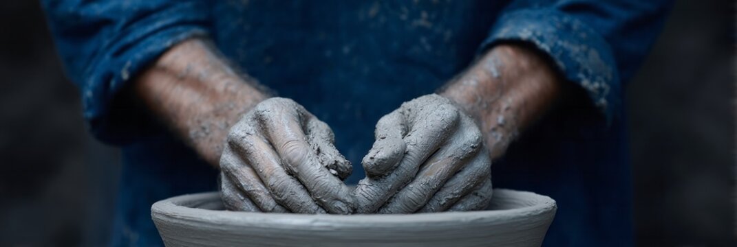Artisan's clay-coated hands shape destiny in earthenware ritual, echoing old-world craftsmanship, akin to Potlatch celebration