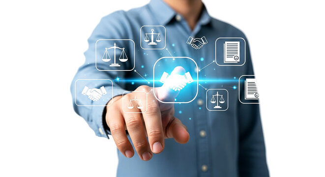 Businessman touching digital icons representing automation artificial intelligence and innovation - Powered by Adobe