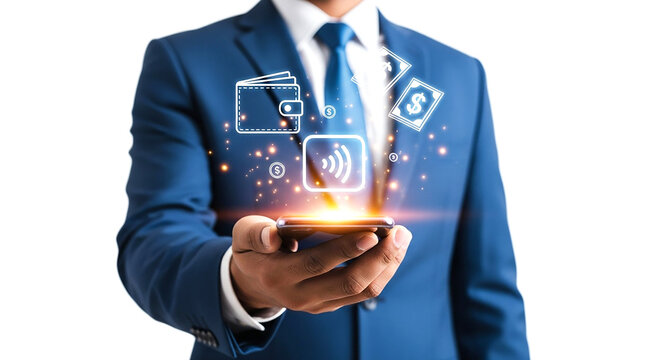 Businessman holding mobile phone with glowing network and data interface representing smart services