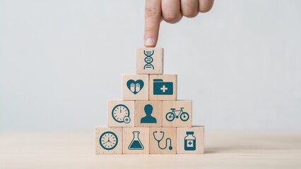 Stacking wooden blocks with health and wellness icons for medical care