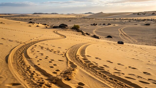 Exploring the sahara desert landscape with tire tracks and sand dunes adventure travel