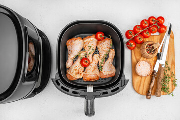 Raw seasoned chicken drumsticks with fresh tomatoes and herbs are arranged in an air fryer basket,...