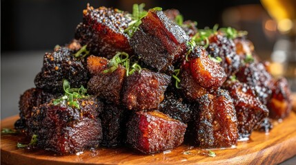 Close-up of a pile of dark, glistening, cubes of meat on a wooden board