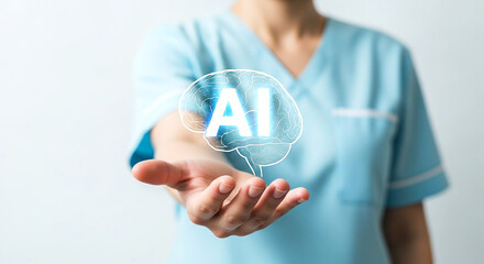 Doctor in blue scrubs holding glowing AI icon representing artificial intelligence in healthcare