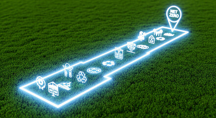 Navigation path on green grass with map pins and route representing location tracking and planning