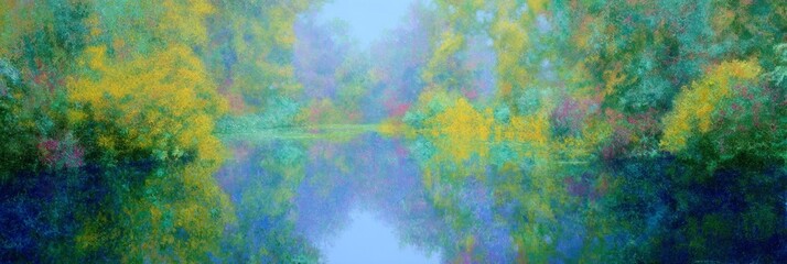 Serene pastel-hued forest reflection, water's whispered reverie, ethereal escapade, Evacuation Day tranquility, enchanting unevenness forms nature's watercolor symphony