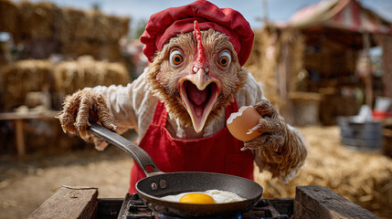 Funny chicken in red apron and hat with egg in frying pan
