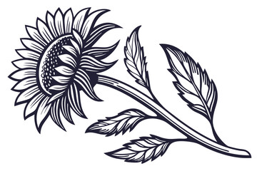 Stylized linocut sunflower with thick carved petals in black and yellow