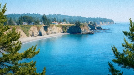 Peaceful coastal haven with azure waves, pine whispers, cottage dreams; perfect for Midsummer festivity and tranquil seaside meditation
