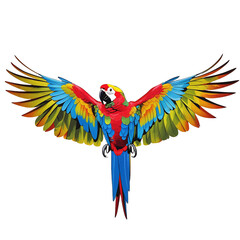 Dynamic pose macaw parrot with bright red head and yellow crown, wide wingspan displaying gradient feathers in red, blue, green, and yellow, isolated PNG