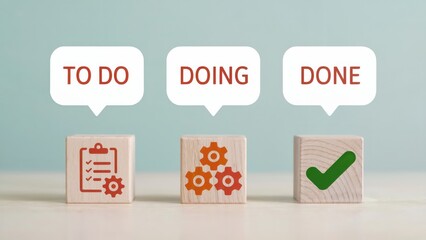 Three wooden blocks show to do, doing, and done for project management