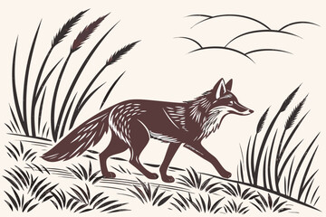 Linocut style fox walking through tall grass with sharp lines