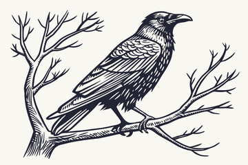 Linocut style crow perched on a branch with rough edges and a white background