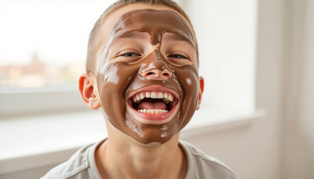 Young boy smiling with chocolate mask on his face indoors - Powered by Adobe