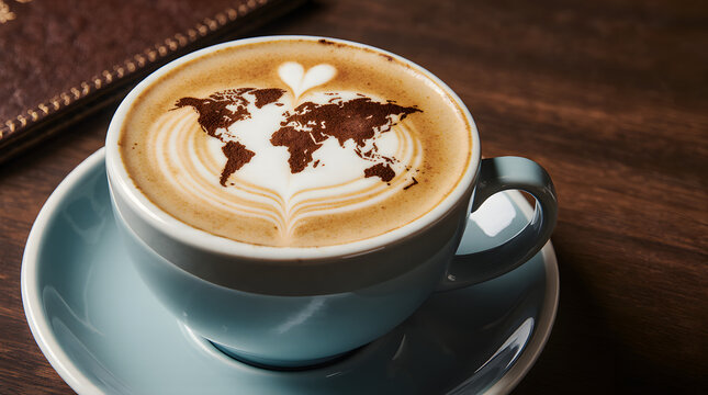 A cup of latte with world map latte art and a heart shape on top, placed on a wooden table
