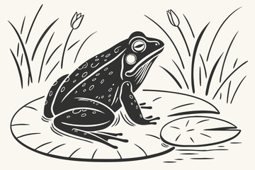 Linocut style frog resting on a lily pad with rough ink details