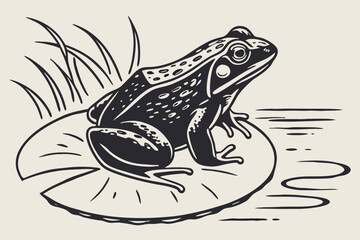 Linocut style frog on lily pad with rough ink texture