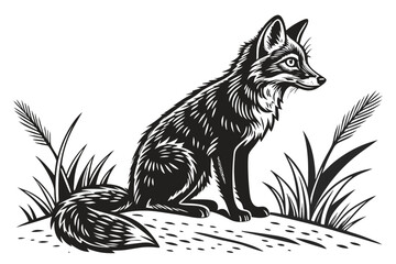 Expressive linocut black fox sitting in a rustic style