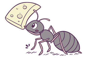 Cute cartoon ant carrying a food crumb flat vector icon design