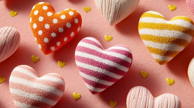 A collection of textured heart shaped pillows in various colors and patterns on a pink background