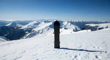 Snowboard on mountain peak