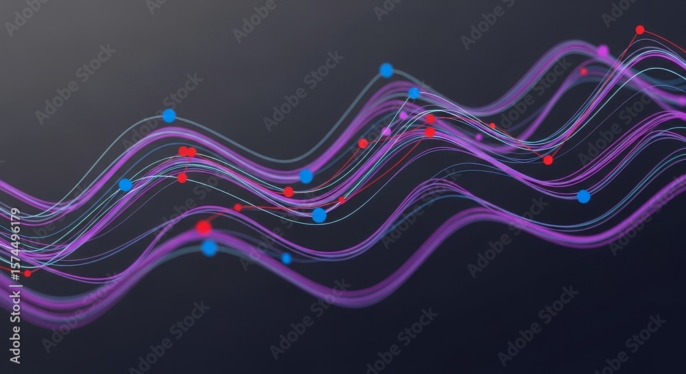 Poster abstract purple waves with data points - abstract of flowing purple waves with scattered red and blu