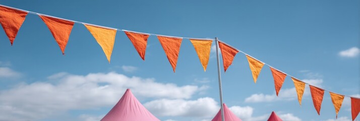 Colorful pennant flags flutter above whimsical festival tents, evoking carnival joy and celebrating Midsummer or Dia de los Muertos