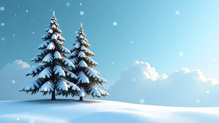 twin evergreen trees stand together beneath blanket pristine sparkling snowfall brilliant blue winter sky gentle morning