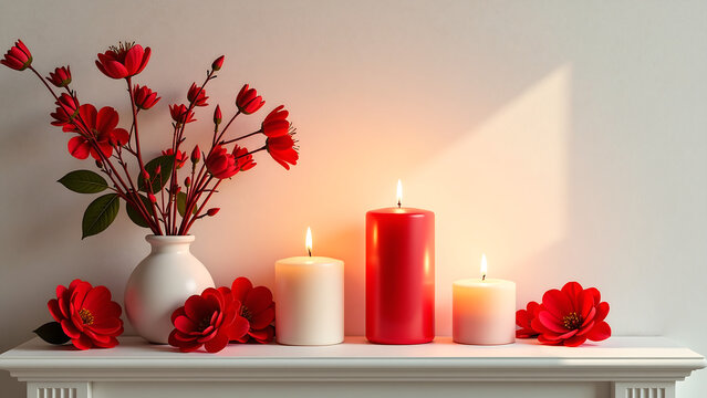 warm golden glow emanates lit candles simple white mantle surrounded lush red flowers bold red accents bathed soft