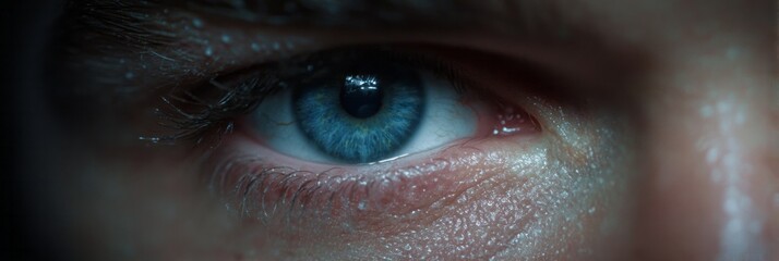 Fototapeta premium Glimmering azure eye of a fictional Caucasian male, invoking Nordic light myths, Solstice meditations, introspective daylight dreaming