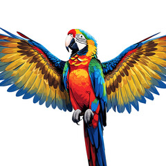 Vibrant macaw parrot with fully extended colorful wings on white background, realistic detailed feathers showcasing red, yellow, blue, and green plumage

