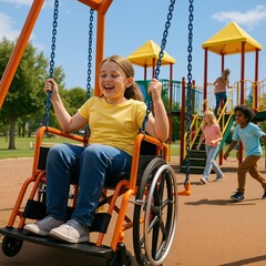 A Caucasian girl in a wheelchair uses an adapted swing at a playground, showing inclusive play and accessibility.