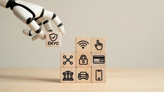 AI robot adds EKYC block to showcase digital services on wooden blocks