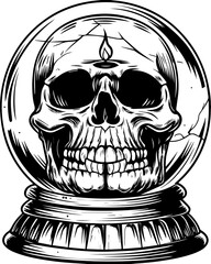 Fototapeta premium SVG of flaming skull characters in a bold dynamic style. Black and White Skull in Crystal Ball Design for Halloween Theme