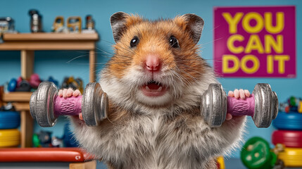 Funny hamster is training with dumbbells in the gym.