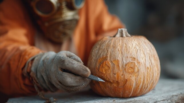 A mysterious figure in a gas mask carves a pumpkin, evoking Halloween meets dystopian Harvest Festival eeriness
