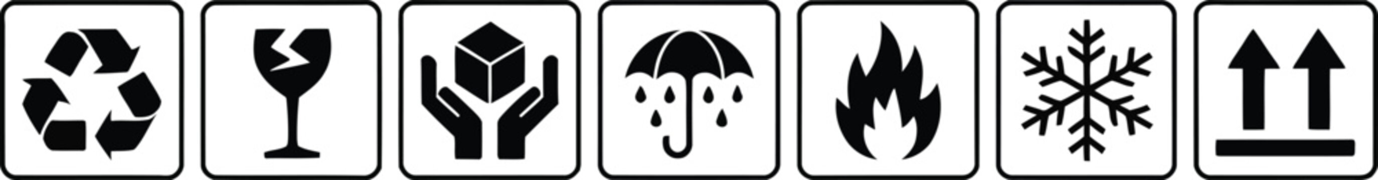 Set of common shipping and handling symbols for packaging and logistics