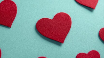 Obraz premium Red felt hearts on blue backdrop, evoking whimsical Valentine's Day magic, love confetti for Singles Awareness, quirky romance