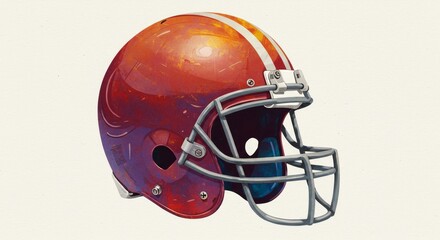 Fototapeta premium American Football Helmet - Close-up of a glossy red American football helmet with a white stripe. The helmet is angled slightly to the left
