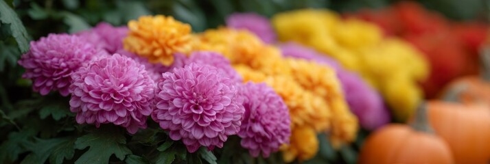 Radiant chrysanthemum blossoms whisper autumn's tapestry, celebrating Obon, Diwali's light, and whimsical pumpkin plots unfolding stories