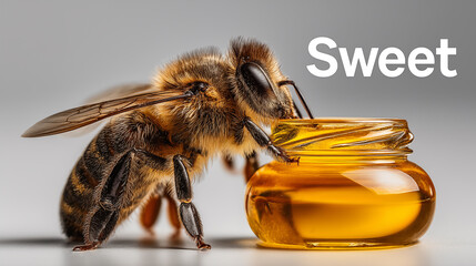 Bee collecting honey in a glass jar on gray background with sample text