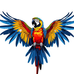 Vibrant stylized macaw parrot with wings fully extended, fiery orange-red body and blue crown, perched on a branch against a white background