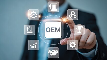 Businessman pointing at OEM technology interface for process optimization