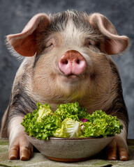 Cute little pig with lettuce and salad in bowl on dark background