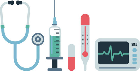 A vector illustration of medical equipment including stethoscope and monitor