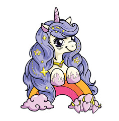 Cute unicorn with pastel mane, rainbow, stars, hearts and clouds. Kawaii fantasy character for kids prints, stickers, greeting cards, fashion, toys, packaging or birthday themes.