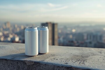 Two beverage cans on rooftop at sunset. Neural network AI generated
