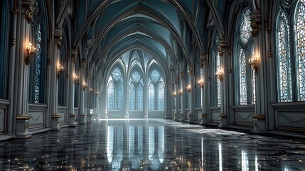 Grand gothic hallway with ornate arches and stained glass windows illuminated by warm sconces