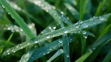 Naklejka premium Close-up of a blade of grass with water droplets on it. the droplets are glistening in the sunlight and are scattered across the blade, creating a beautiful pattern.